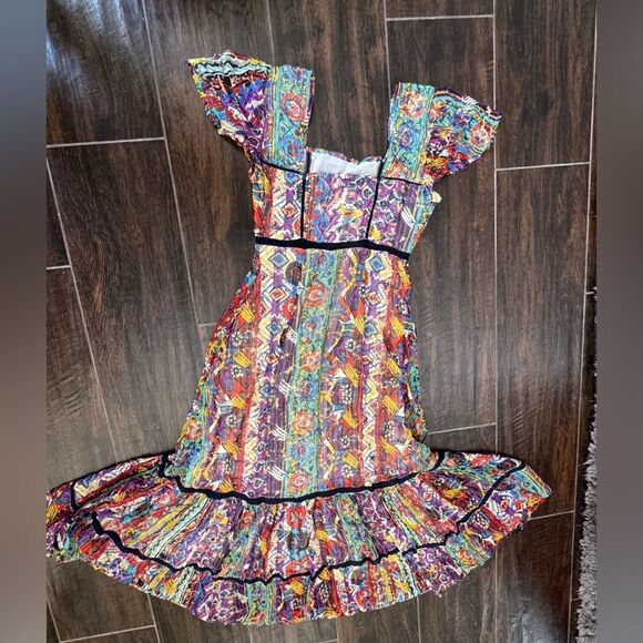 RAGA 🌈  Boho Tribal-Print Tiered Dress – Gold Glitter Accents, Flutter Sleeves - Picture 7 of 14